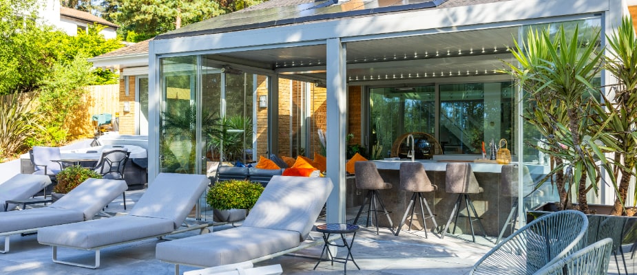 B200XL Pergola in Broadstone with Open Sliding Glass Doors