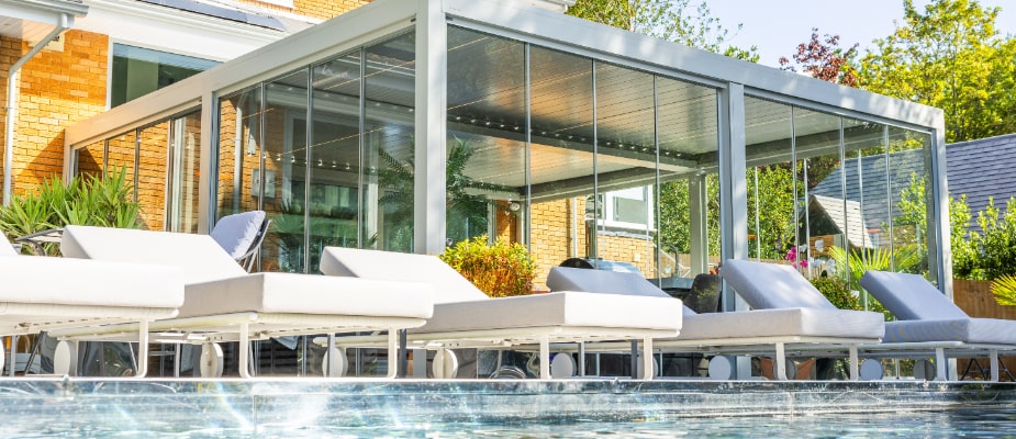 B200XL Coupled Pergola in Broadstone next to a Pool