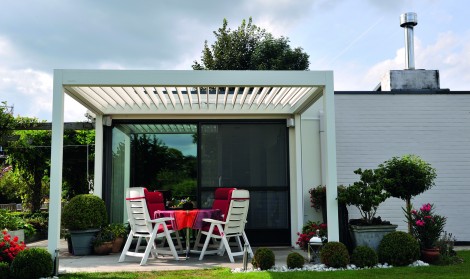 Brustor louvered roof pergola installed in a garden